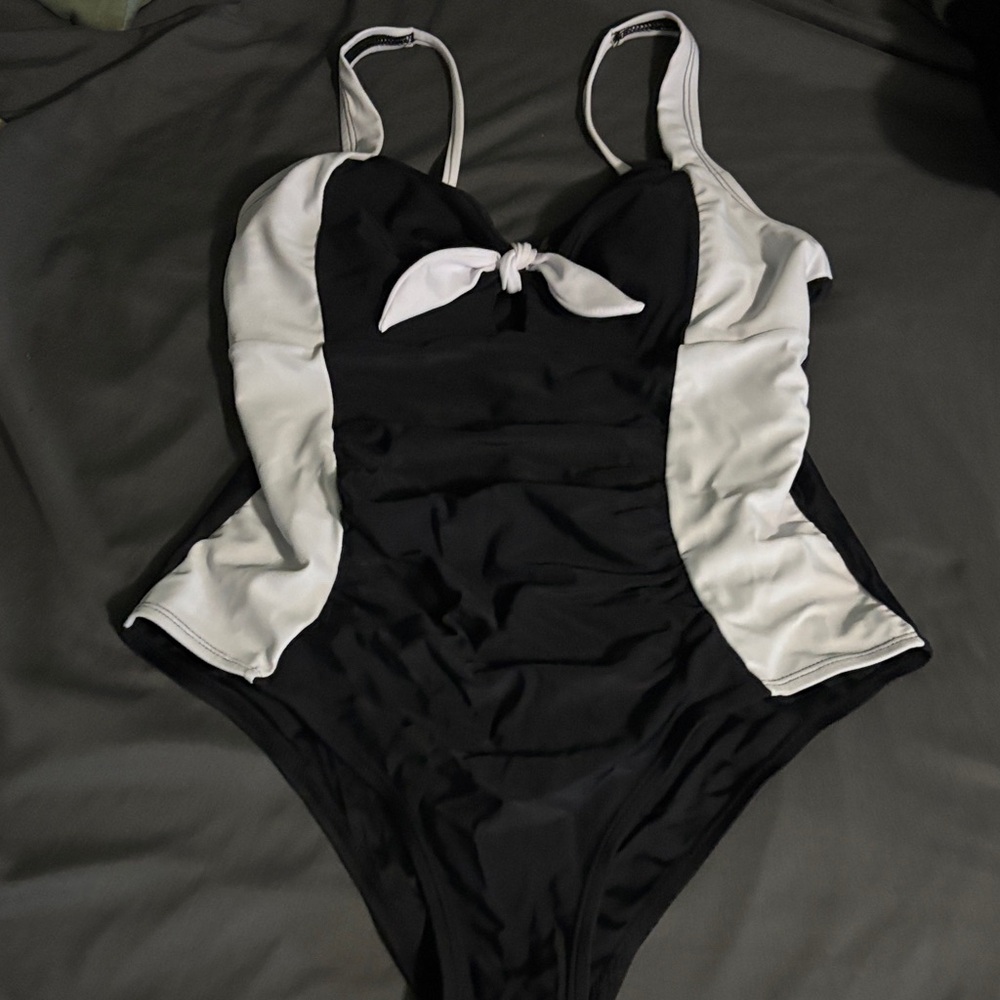 SHEIN Black and White Tie-Front  One-Piece